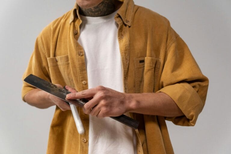 Close-up of a man sharpening a knife with honing steel, wearing a yellow shirt.